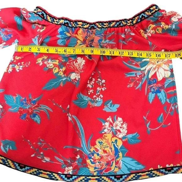 Flying Tomato Red & Cream Boho Off the Shoulder Floral Print Blouse Size Small S - Picture 6 of 10